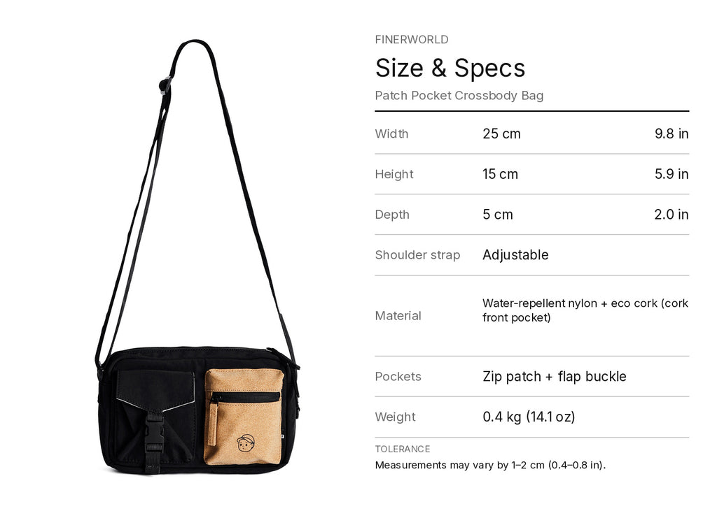 FINERWORLD C1 Patch Pocket Crossbody Bag – Deep Black Size & Specs