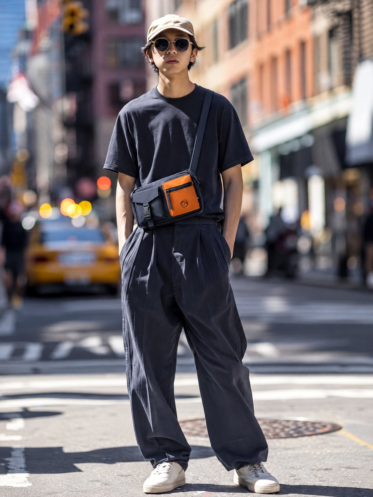 FINERWORLD C1 Patch Pocket Crossbody Bag in Navy - on-body shot 01