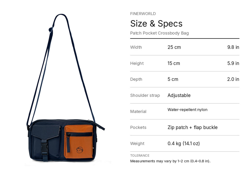 FINERWORLD C1 Patch Pocket Crossbody Bag – Navy Size & Specs