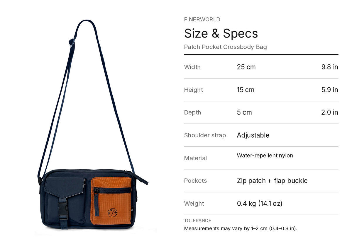 FINERWORLD C1 Patch Pocket Crossbody Bag – Navy Size & Specs