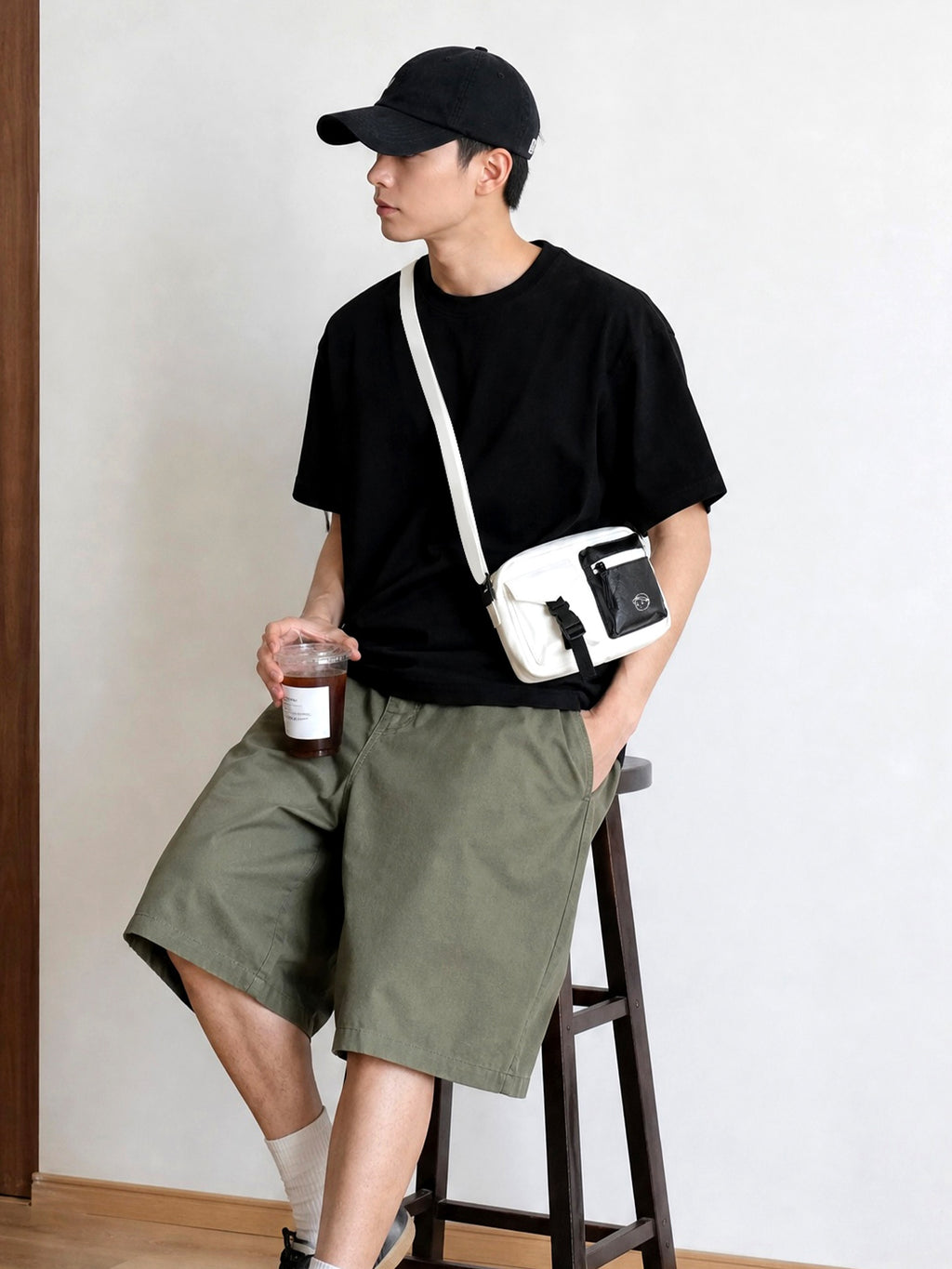 FINERWORLD C1 Patch Pocket Crossbody Bag in Soft Beige - on-body shot 01
