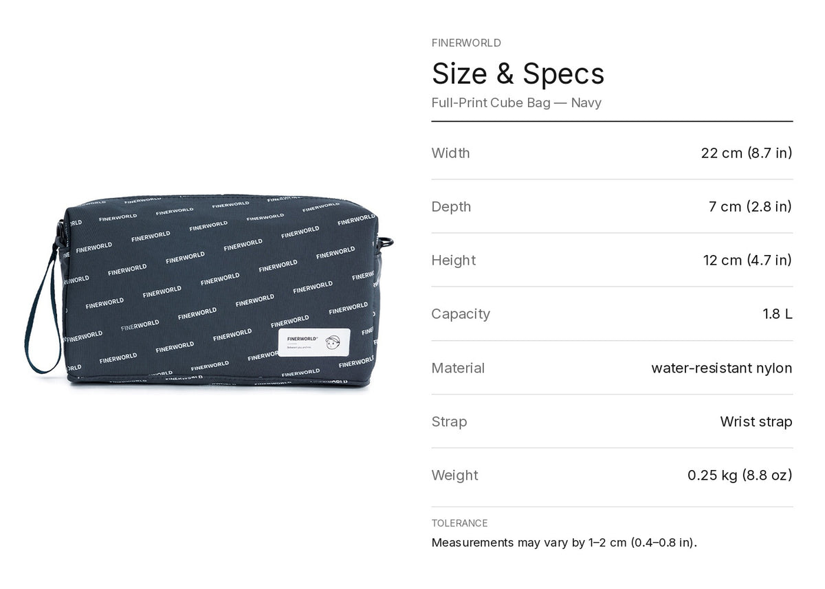 Cube Bag in Navy – dimension guide graphic