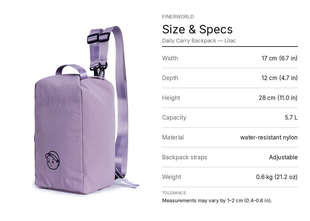 Daily Carry Backpack in Lilac – dimension guide graphic