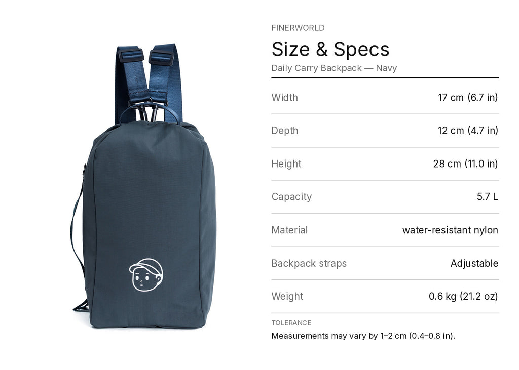 Daily Carry Backpack in Navy – dimension guide graphic