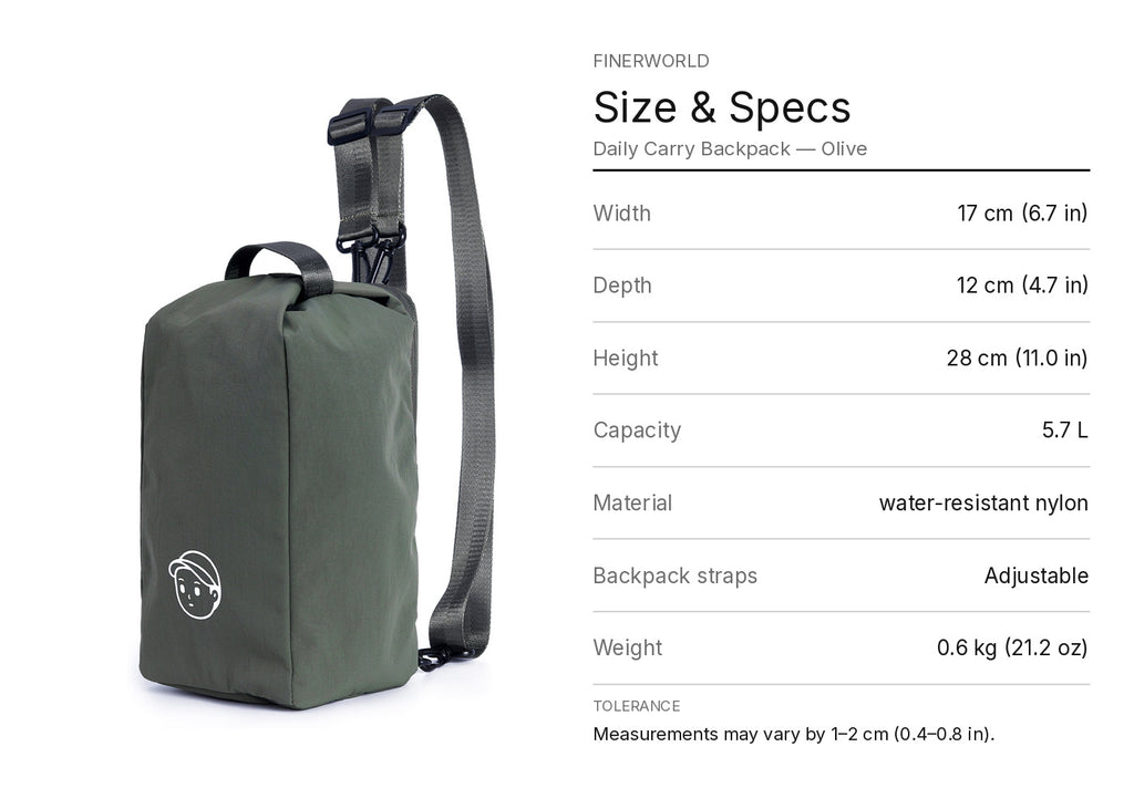 Daily Carry Backpack in Olive – dimension guide graphic