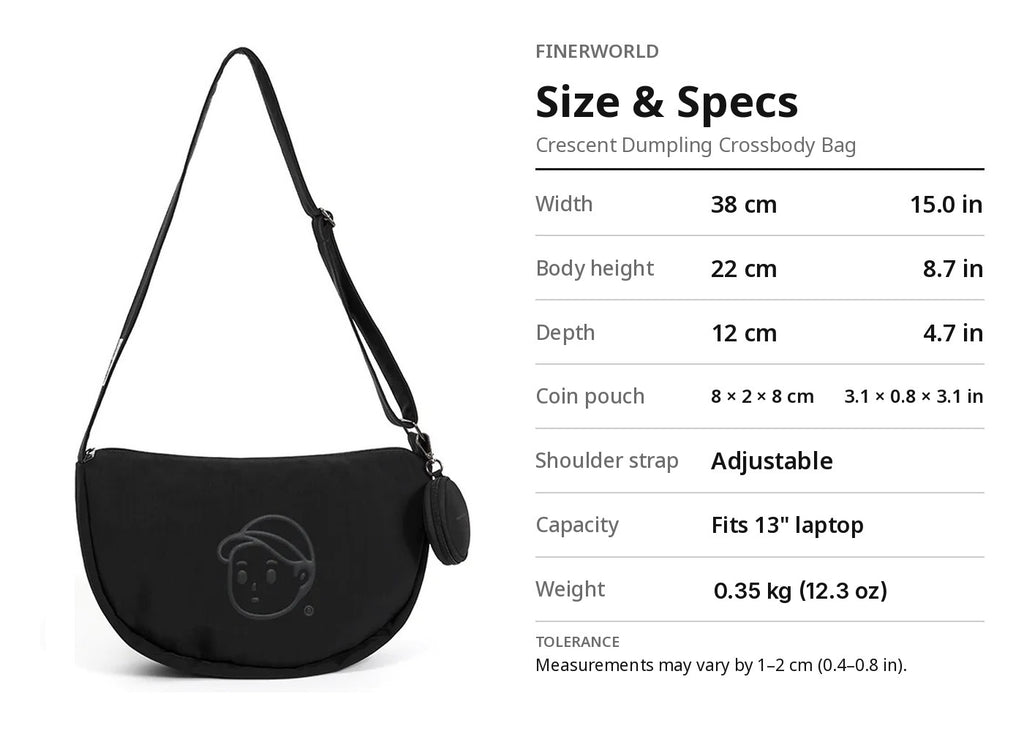 FINERWORLD Crescent Dumpling Crossbody Bag – Deep Black Size & Specs