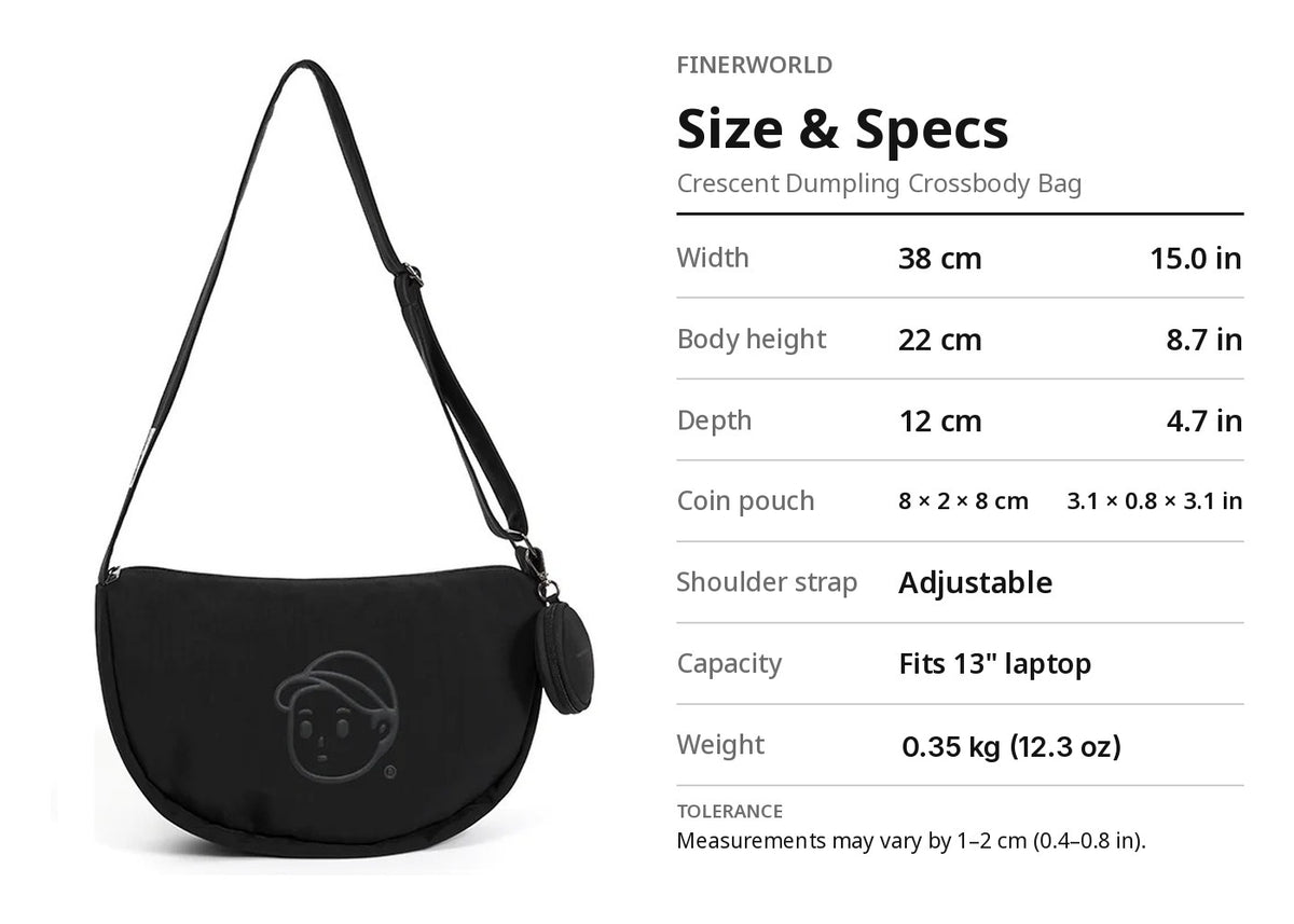 FINERWORLD Crescent Dumpling Crossbody Bag – Deep Black Size & Specs