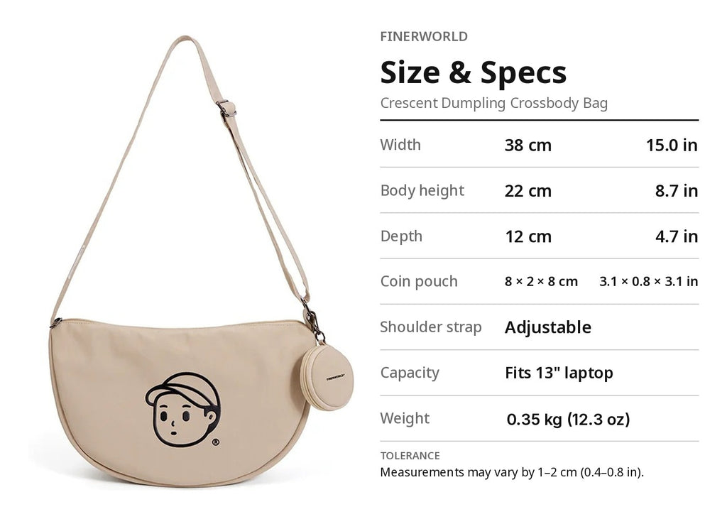 FINERWORLD Crescent Dumpling Crossbody Bag – Rock Sand Size & Specs