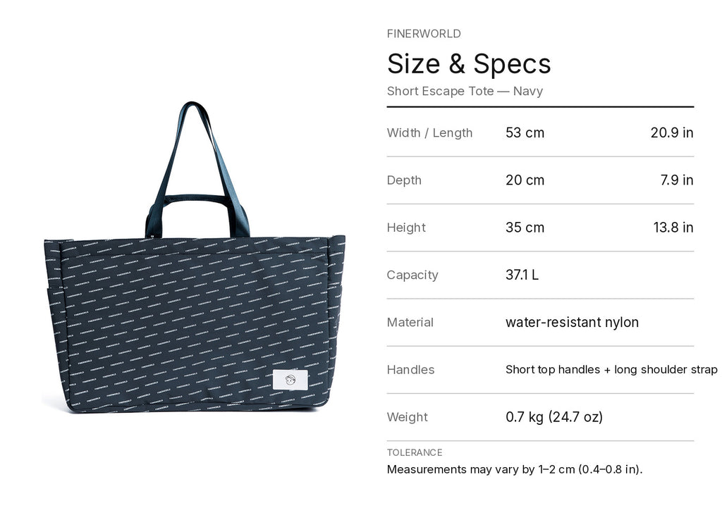 Escape Tote Bag in Navy – dimension guide graphic