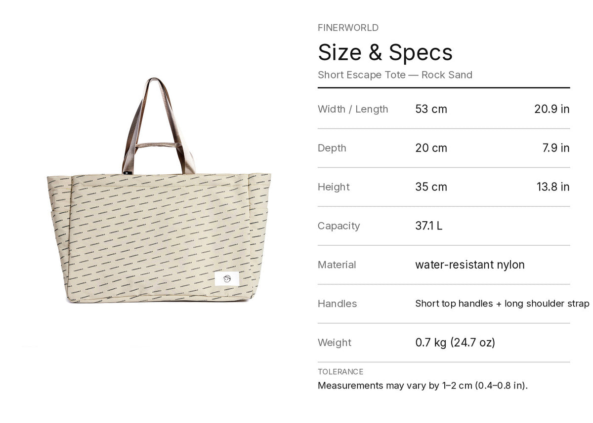 Escape Tote Bag in Rock Sand – dimension guide graphic