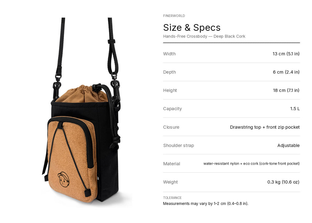 Hands-Free Crossbody in Deep Black Cork – dimension guide graphic