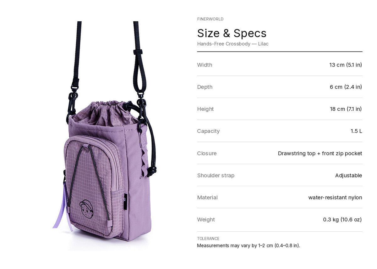 Hands-Free Crossbody in Lilac – dimension guide graphic