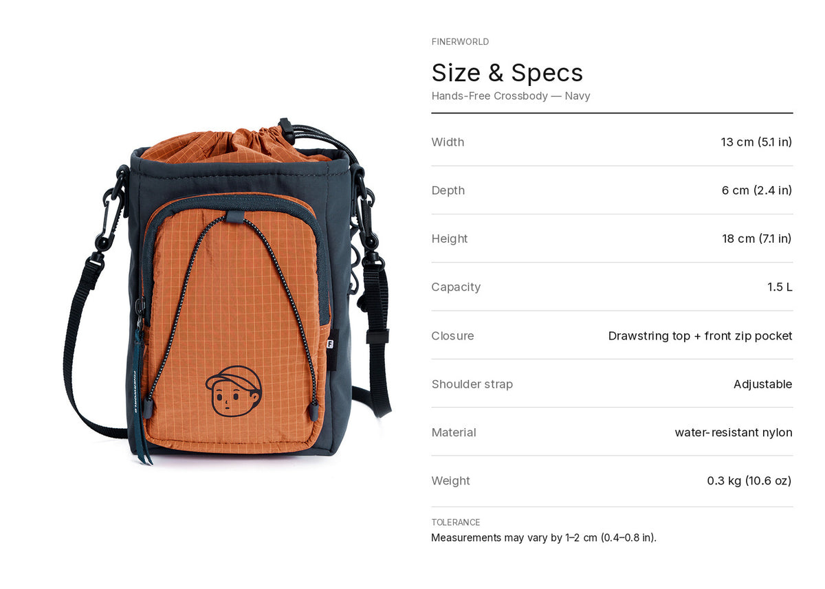 Hands-Free Crossbody in Navy – dimension guide graphic