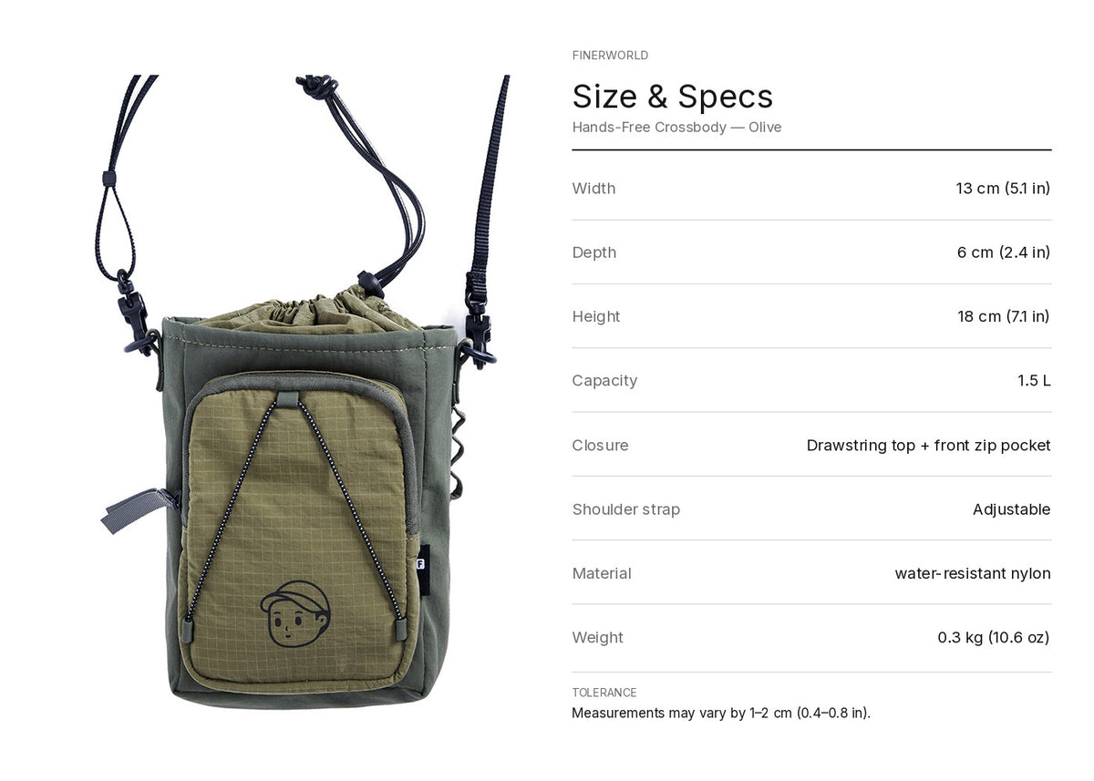 Hands-Free Crossbody in Olive – dimension guide graphic