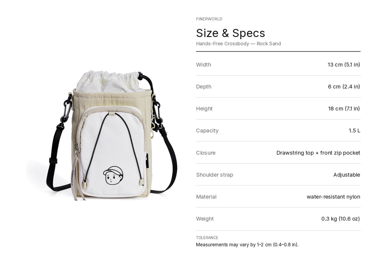 Hands-Free Crossbody in Rock Sand – dimension guide graphic