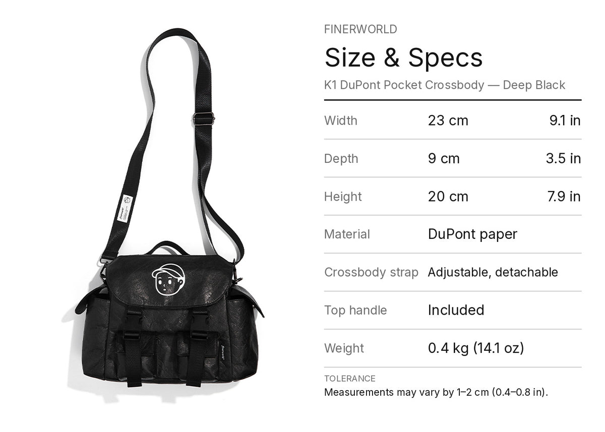 K1 DuPont Crossbody in Deep Black – dimension guide graphic