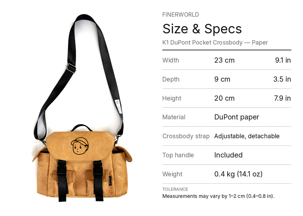K1 DuPont Crossbody in Paper – dimension guide graphic