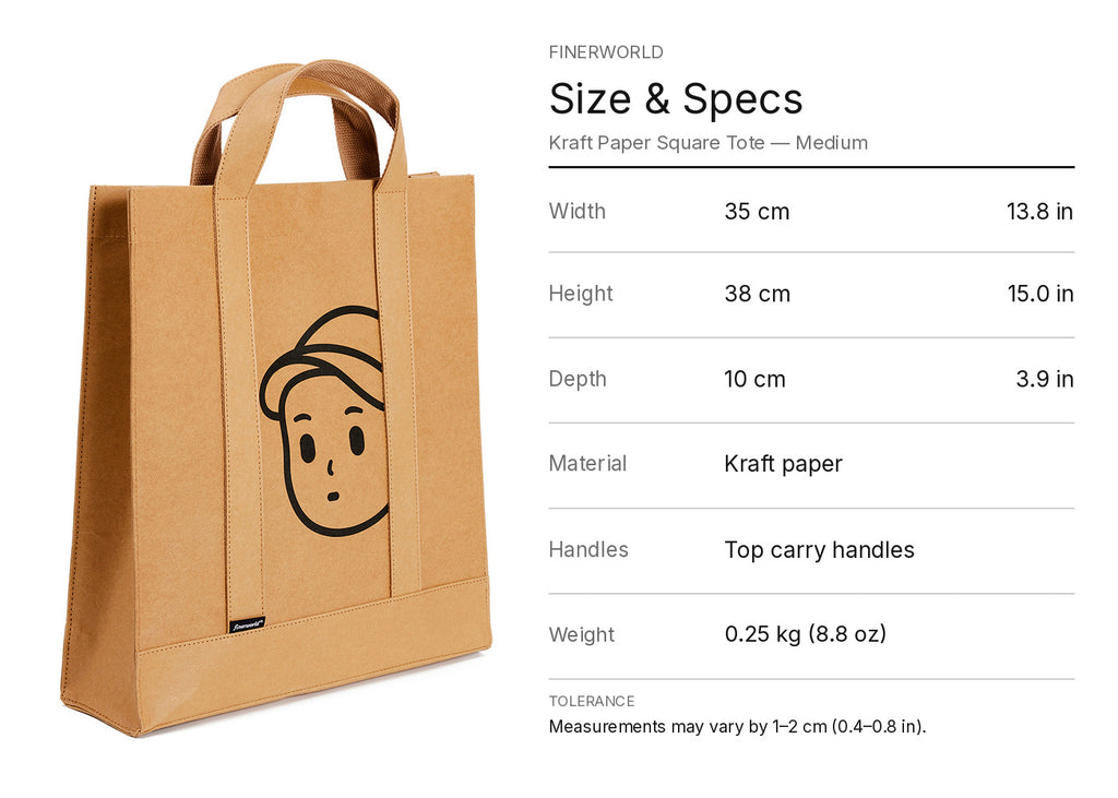 Kraft Paper Square Tote in Medium – size chart