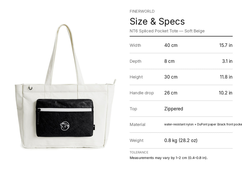 NT6 Pocket Tote in Soft Beige – dimension guide graphic