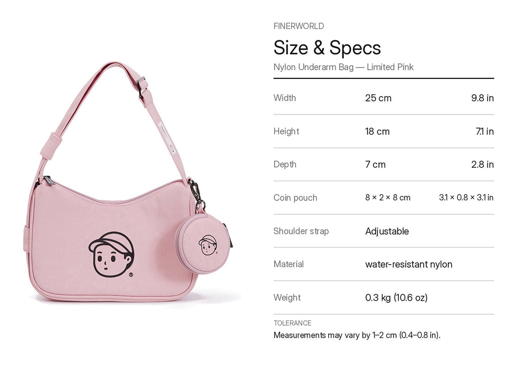 Nylon Shoulder Bag in Limited Pink – dimension guide graphic
