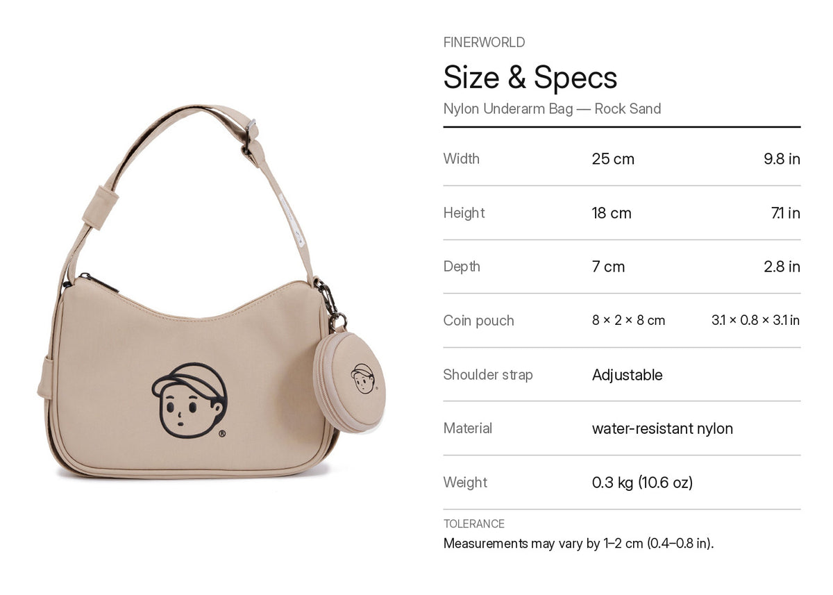Nylon Shoulder Bag in Rock Sand – dimension guide graphic