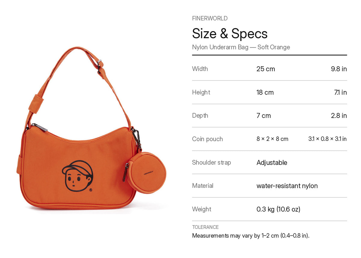 Nylon Shoulder Bag in Soft Orange – dimension guide graphic