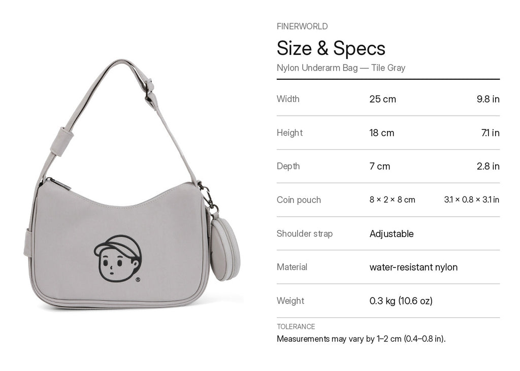 Nylon Shoulder Bag in Tile Gray – dimension guide graphic