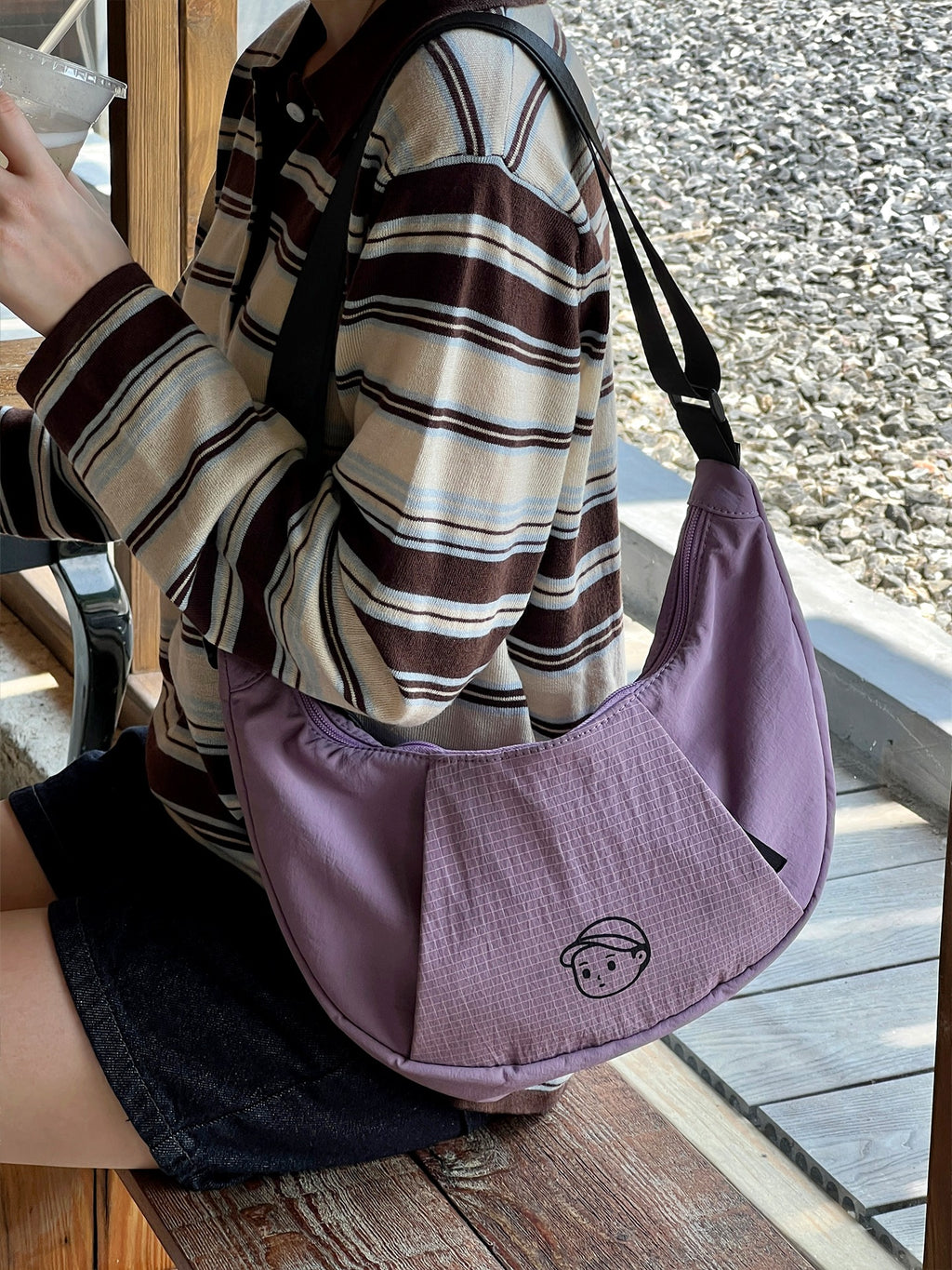 Patchwork Dumpling Bag in Lilac – on-body shot 01