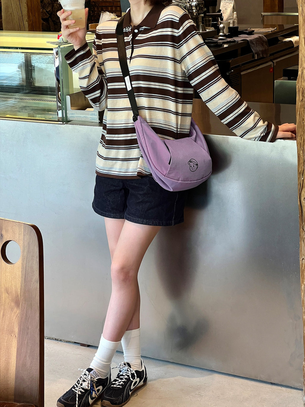 Patchwork Dumpling Bag in Lilac – on-body shot 02