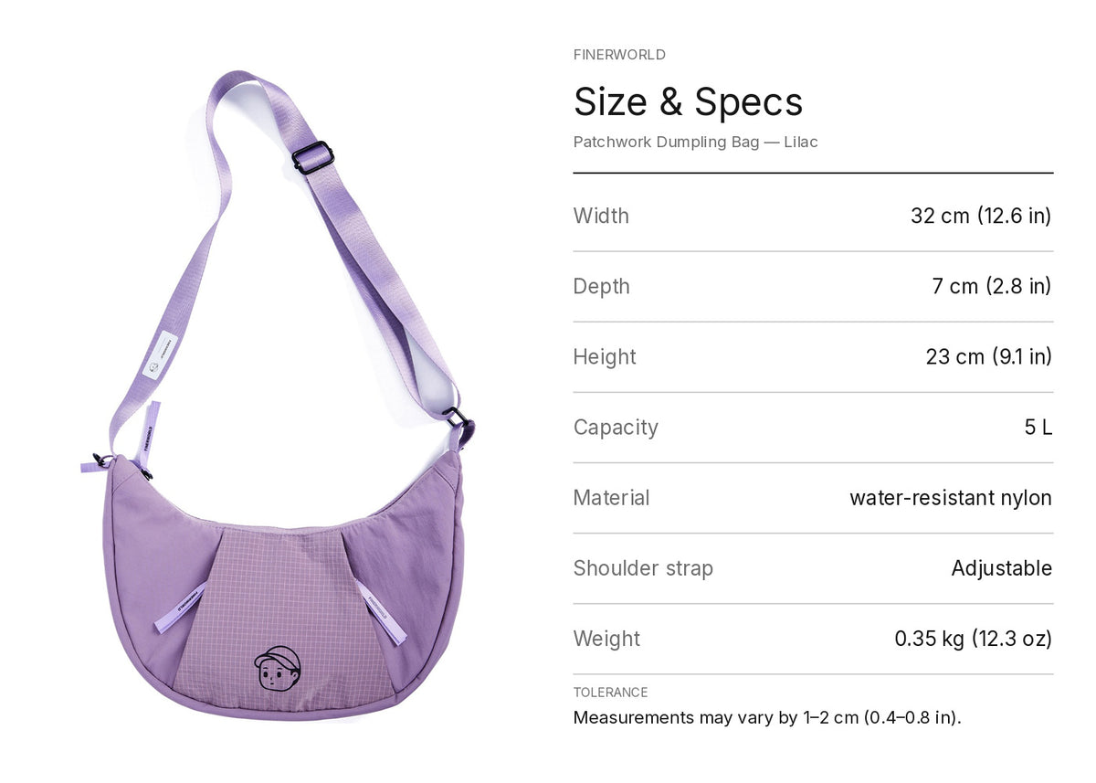 Patchwork Dumpling Bag in Lilac – dimension guide graphic