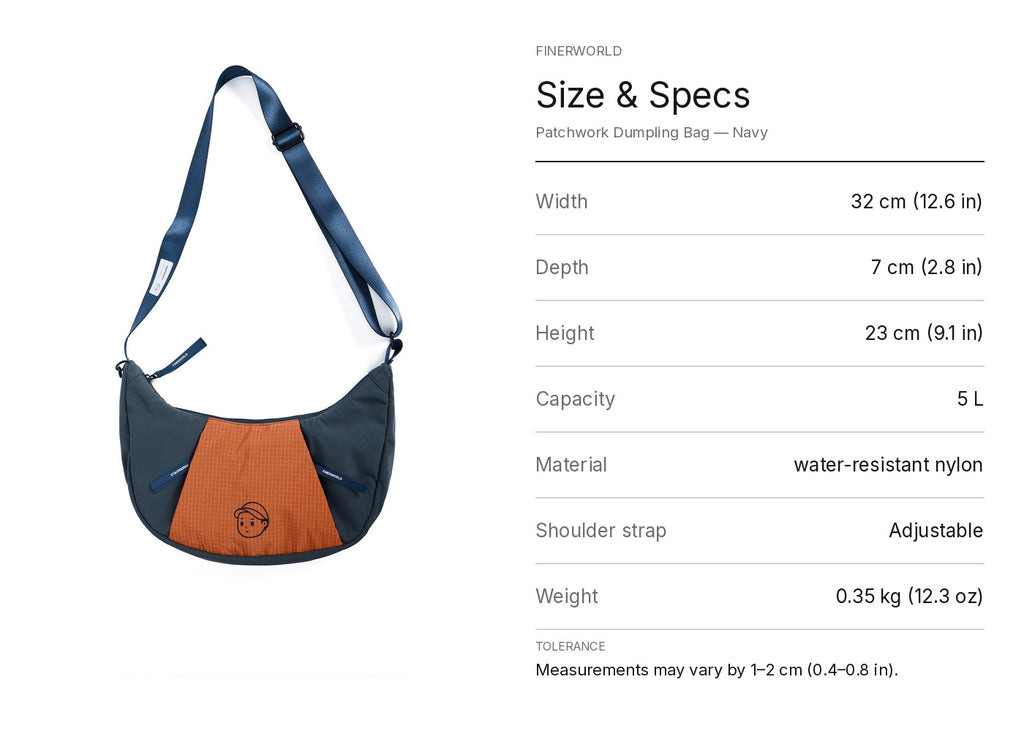 Patchwork Dumpling Bag in Navy – dimension guide graphic