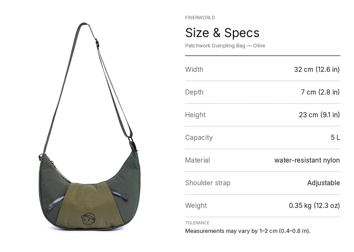 Patchwork Dumpling Bag in Olive – dimension guide graphic