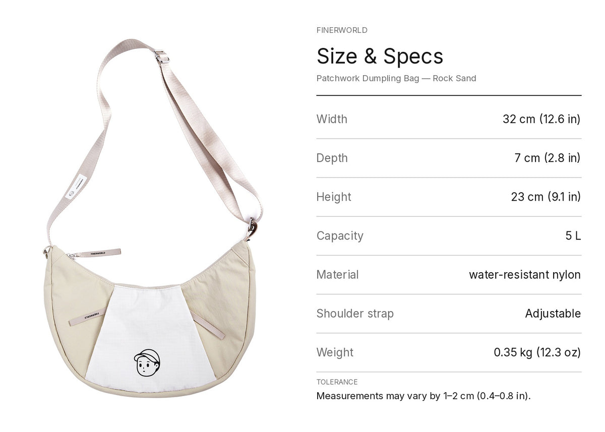 Patchwork Dumpling Bag in Rock Sand – dimension guide graphic