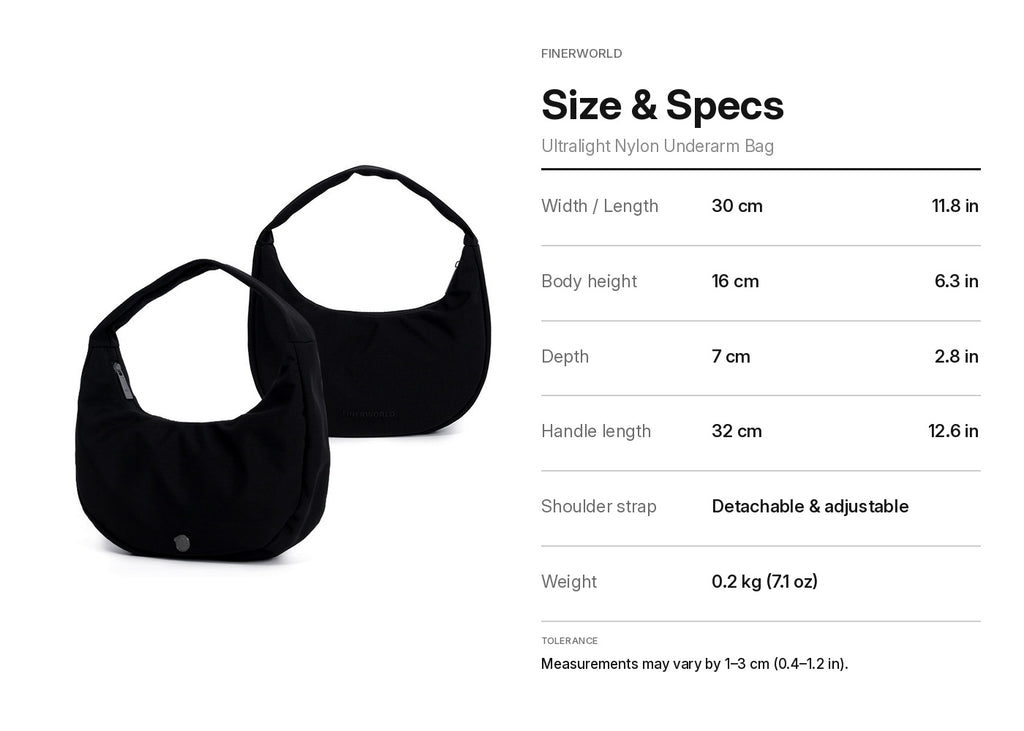 FINERWORLD Ultralight Nylon Underarm Bag – Deep Black Size & Specs