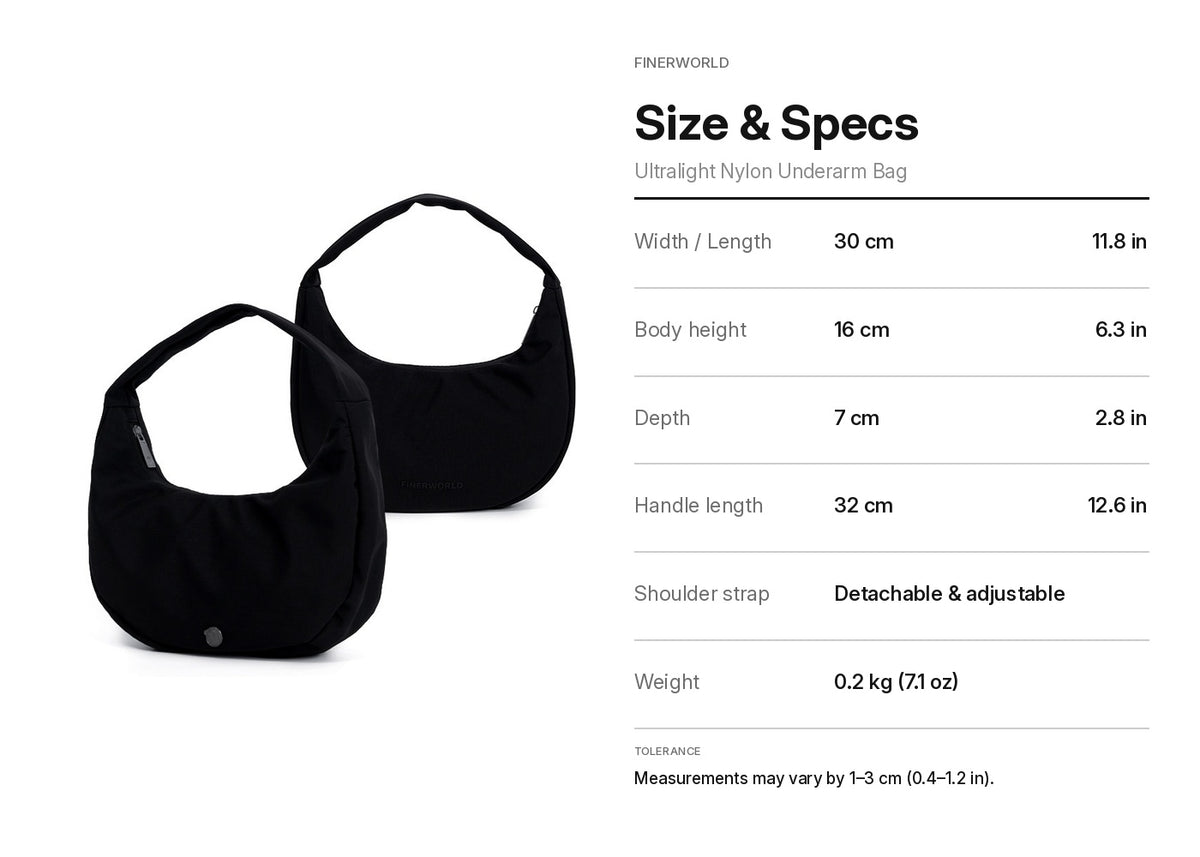 FINERWORLD Ultralight Nylon Underarm Bag – Deep Black Size & Specs