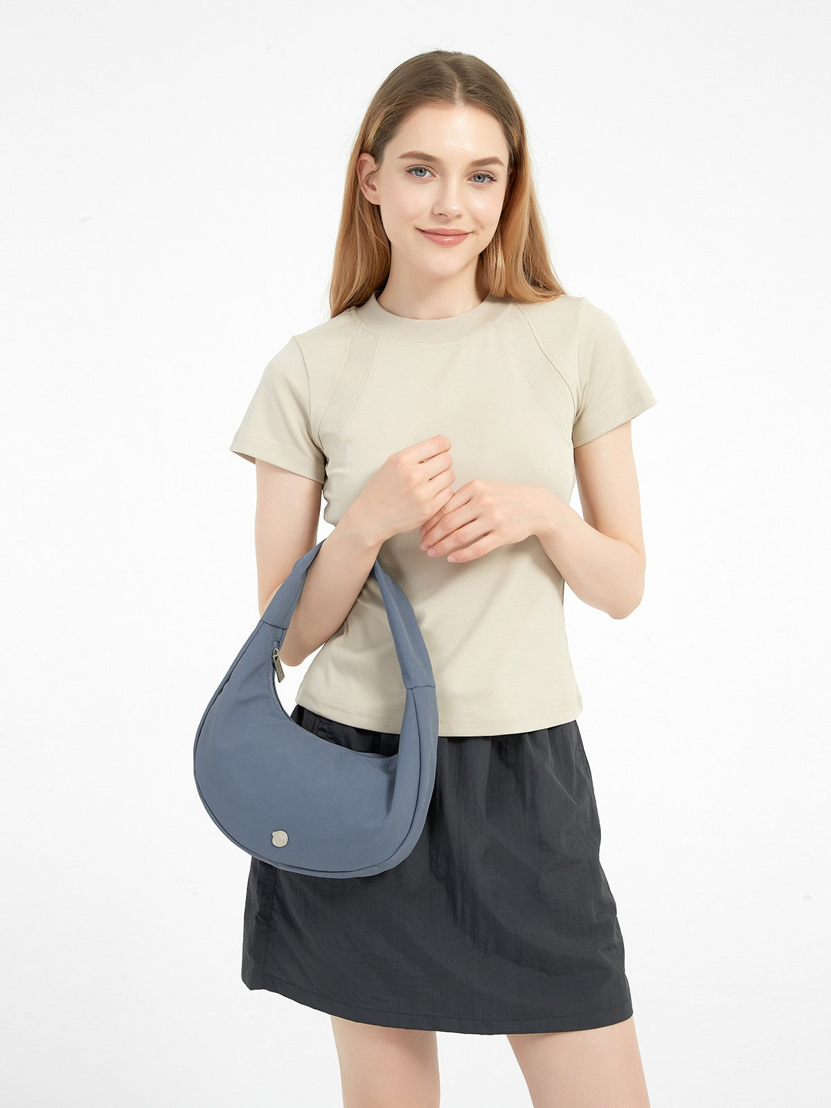 FINERWORLD Ultralight Nylon Underarm Bag in Mist Blue - on-body shot 01