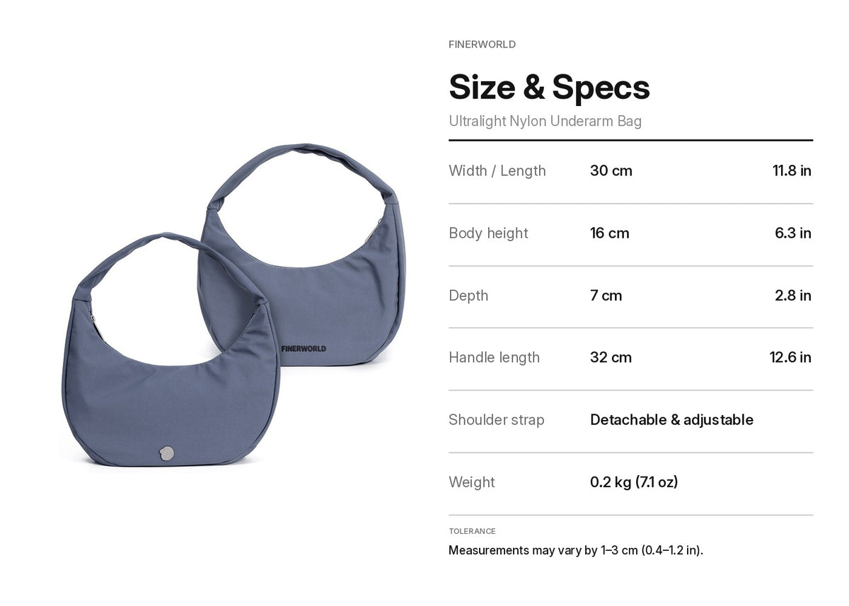 FINERWORLD Ultralight Nylon Underarm Bag – Mist Blue Size & Specs