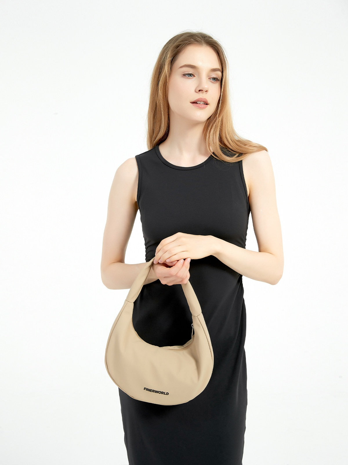 FINERWORLD Ultralight Nylon Underarm Bag in Rock Sand - on-body shot 01