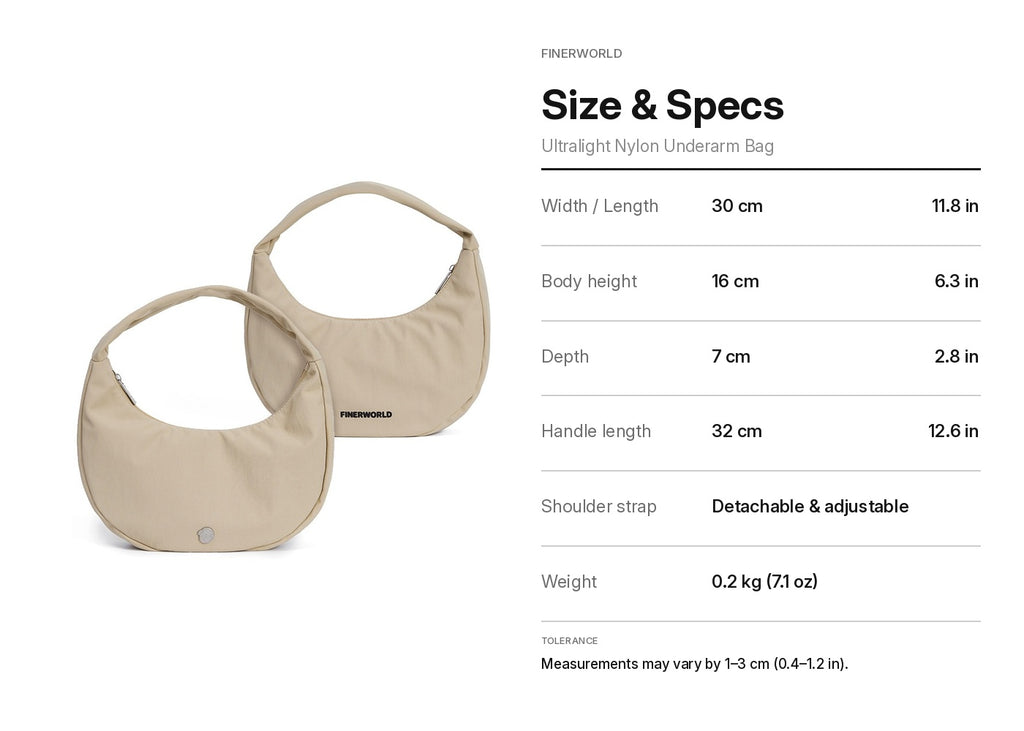 FINERWORLD Ultralight Nylon Underarm Bag – Rock Sand Size & Specs